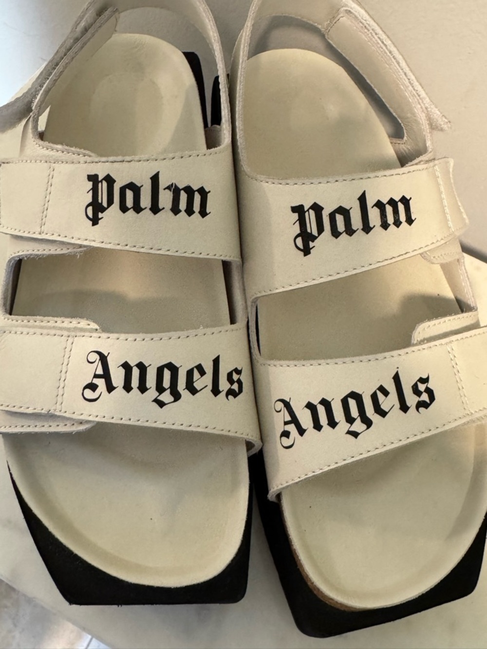 Palm Angels Cream Sandal with Black Logo Straps
